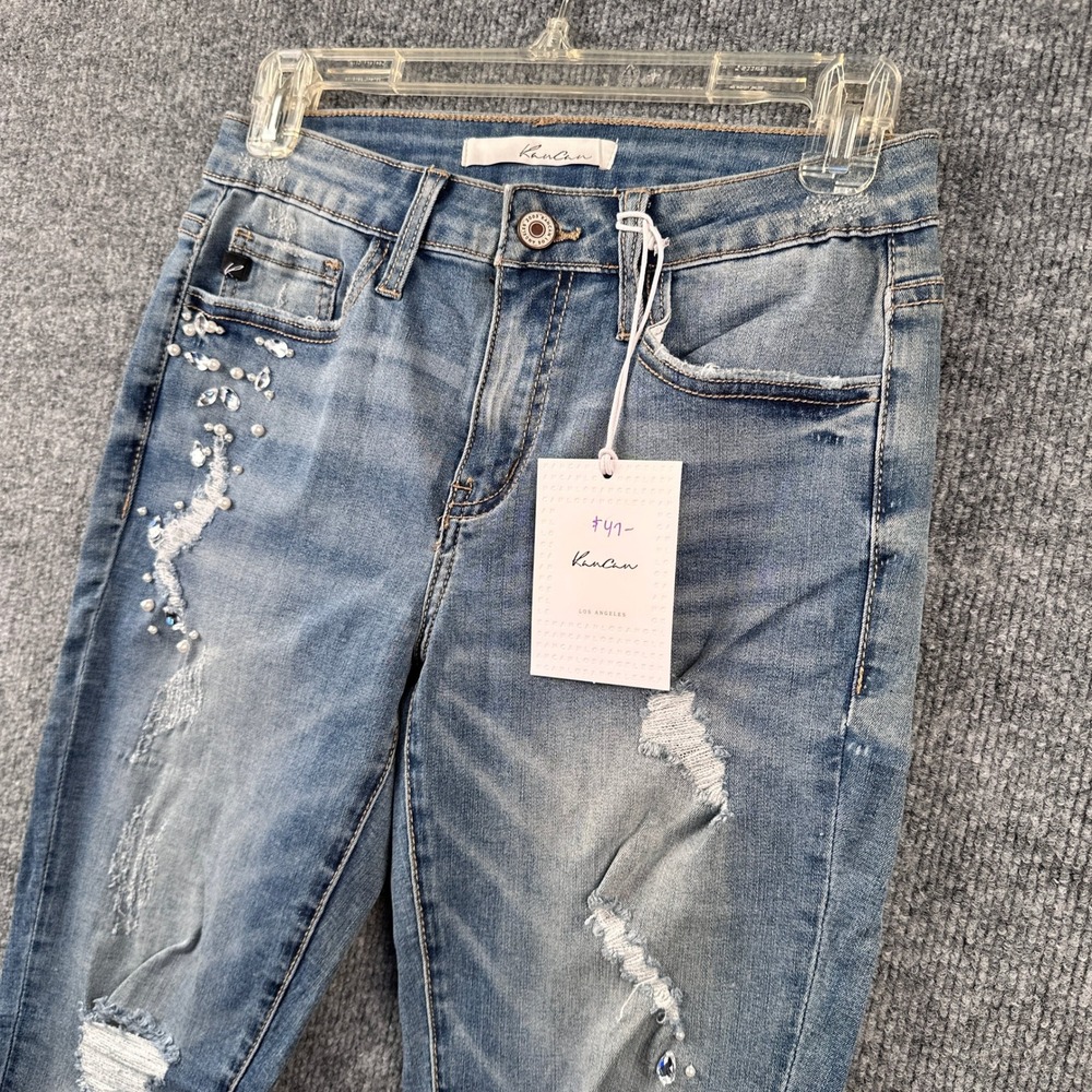 KanCan Mid Rise Distressed Skinny Jeans Rhinestone Pearl Light Wash KC5104M 26